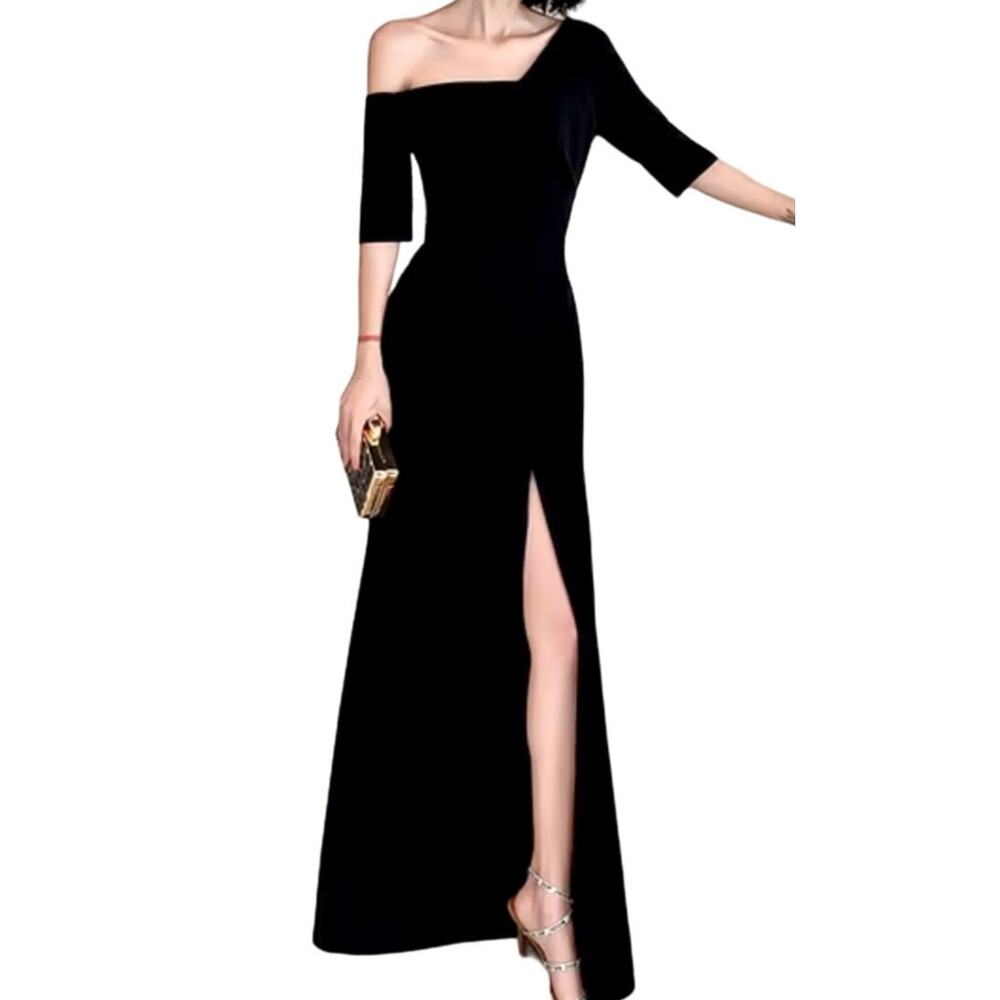 NWT StyleWe Black Asymmetrical Side Split Elegant Half Sleeve Maxi Dress Medium